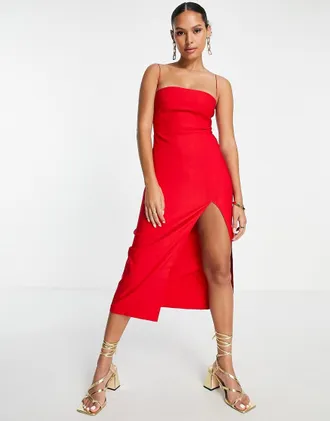Vesper bengaline cami strap midi dress with thigh split in red
