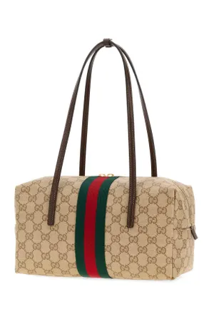 Gucci Womens Melrose Shoulder Bag Beige Cotton Linen Polyurethane
