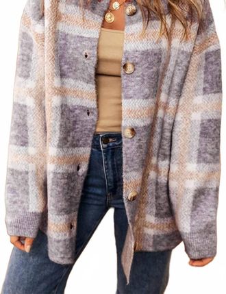 Nobrand Fuzzy Plaid Collared Button Up Cardigan In Light Blue