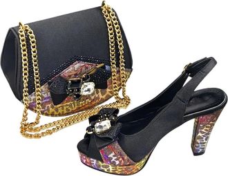 Generic Women Heel Party Shoes and Bag Set Royal Rhinestone Design Black