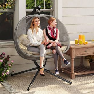 OUTSUNNY Double Hanging Egg Chair 2 Seaters Swing Hammock w/ Cushion in Brown