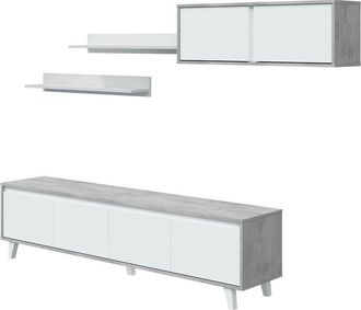 Dmora Dmora - Mueble De Pared Dmuldu, Conjunto De Sal&oacute;n, Mueble De Sal&oacute;n Multiusos, Mueble De Pared Moderno, 200x41h50 Cm, Cemento Y Blanco Brillante