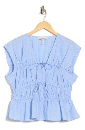 Ellen Tracy Shirred Tie Poplin Top in Blue/White Stripe at Nordstrom Rack, Size X-Small