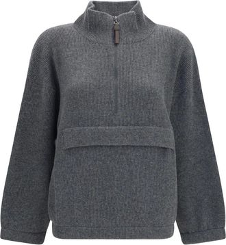 Brunello Cucinelli Maglione Girocollo con Zip in Cashmere - - Knitwear - Donna - Grigio - M