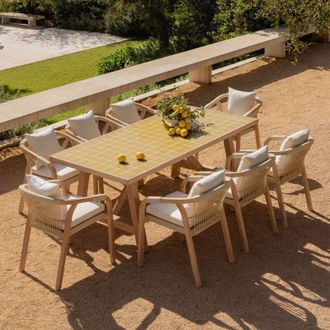 Sklum Set De Mesa Rectangular 200x100 Cm En Look Azulejo Y 8 Sillas De Jard&iacute;n En Madera De Acacia Y Cemento Dubai Sklum