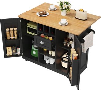 STILVORA Carro De Cocina Con 1 Caj&oacute;n, 2 Puertas, Botellero, Toallero Y Ruedas, En Mdf, 140 X 40 X 93,5 Cm, Negro