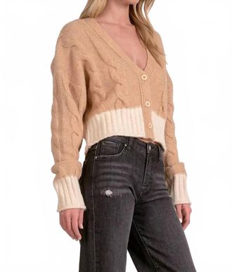 Elan Two Tone V-Neck Button Front Sweater In Tan/natural