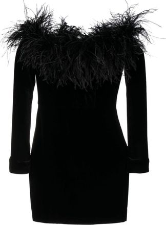 Alessandra Rich Black Feather Detail Velvet Short Dress