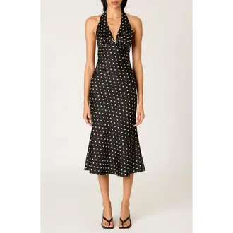 Nia La Brea Polka Dot Halter Neck Slipdress in Black at Nordstrom, Size X-Large