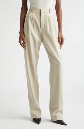 Saint Laurent High Waist Pleated Wool Straight Leg Pants in Beige at Nordstrom, Size 10 Us