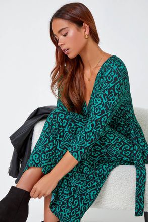 Roman Aztec Print Tie Waist Midi Stretch Dress