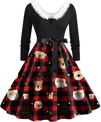 Generic Christmas Dress Womens V Neck Long Sleeve Winter Dress Elegant Perfect Party Printed Xmas Costume Swing Dresses Womens Christmas Sweatshirt Outfits Sw
