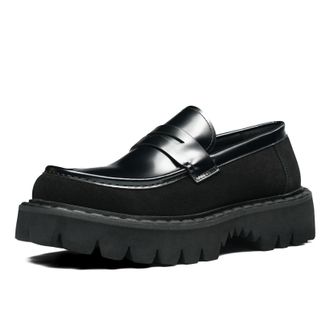 Generic Mens Slip on Platform Loafers Chunky Block Heel Casual Shoes Round Toe Patent Leather Smart Shoes,Black,4.5 UK