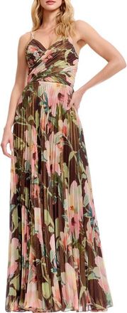 Dress The Population Floral Print Pleated Chiffon Gown in Mocha Multi at Nordstrom, Size Xx-Small