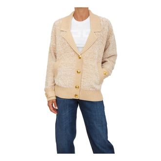 Elisabetta Franchi Truien & Vesten, Dames, Beige, S, Katoen, Boucl&eacute; Chenille Cardigan met Juweelknopen