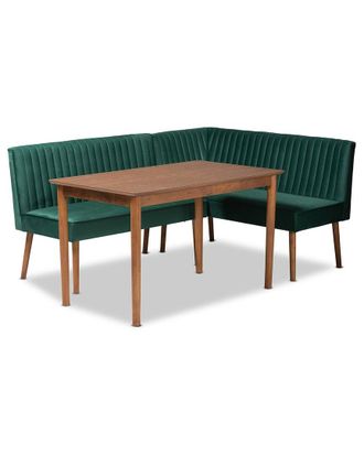 Baxton Studio Alvis Mid-Century Modern Velvet Upholstered 3Pc Dining Nook Set