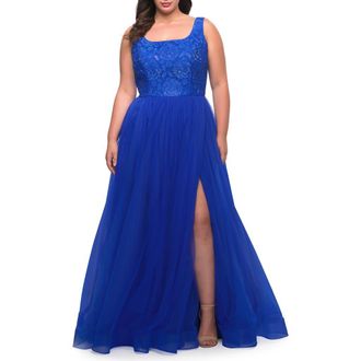 La Femme A-line Tulle and Lace Plus Size Gown with Slit in Royal Blue at Nordstrom, Size 12W