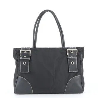 Prada Black Leather Nylon Handbag Shoulder Bag Tote Bag (Pre-Owned)