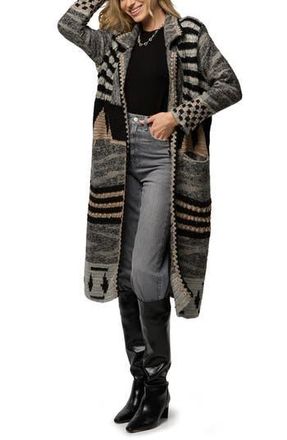 Saachi Geometric Crochet Longline Cardigan in Black at Nordstrom Rack