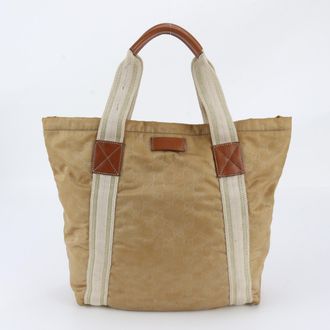 Gucci Light Brown Leather Nylon Handbag Shoulder Bag Tote Bag (Pre-Owned)