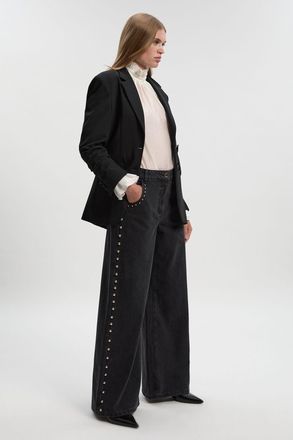 Karen Millen Womens Denim Studded Wide Leg Trouser - Black Cotton - Size 16 UK