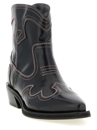 Ganni Embroidered Western Ankle Boot - Black