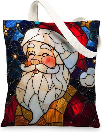 Generic Stained Glass Christmas Santa Claus Canvas Tote Bag for Shopping 13x15, Fun Xmas Kid Reusable Grocery Print Pattern Bag for Women Men, Holiday New Yea