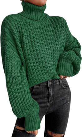 Generic Cable Knit Jumper Women Oversized Polo Neck Chunky Knitted Jumpers Autumn Winter Turtleneck Spullover Weaters Cozy Soft Thermal High Neck Knitwear,Gre