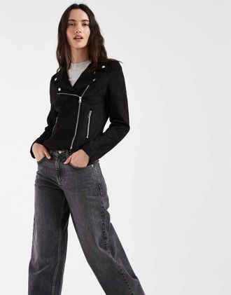Vero Moda giacca biker in camoscio sintetico con effetto slavato nera-Nero