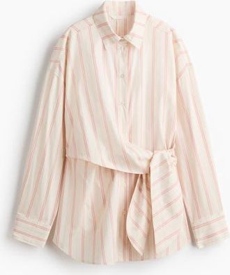H&M Tie-detail Cotton Shirt in Light Beige/striped at Nordstrom, Size X-Small