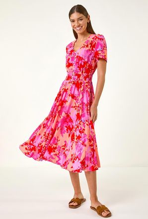 Roman Shadow Floral Print Shirred Midi Dress