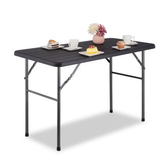 Relaxdays Relaxdays - Mesa Jard&iacute;n, Efecto Madera, Rectangular, 74 X 118 X 60 Cm, Pl&aacute;stico, Metal, Tablero Terraza Plegable, Negro