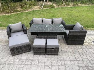 Fimous 8 Seater Outdoor Rattan Garden Furniture Sofa Set Patio Adjustable Rising Lifting Dining Table Set in Dark Grey