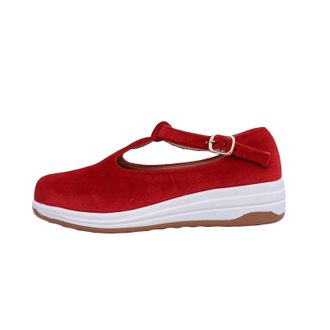 Generic Wedge Shoes for Women Comfortable Casual Shoes Round Toe Solid Color Fashionable Non-Slip Walking Shoe with Buckle Strap Leisure Shopping Red