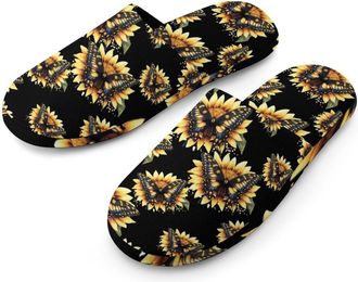 Generic Butterfly Sunflower Flannel Mens Slip-on Slippers Winter Warm House Shoes with Rubber Sole for Home Hotel