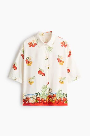 H&M Oversized Bluse aus Leinengemisch - Cremefarben/Tomaten