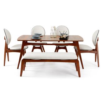 Dmora Conjunto Mesa Y Sillas Pedrengo, 6 Personas, Banco: 105x40h48 Cm, Sillas: 54x44h90 Cm, Mesa: 160x78h75 Cm, Marr&oacute;n Nogal