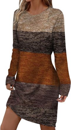 Generic T Shirt Dress For Women Uk Stripe | Knitted Dress For Women Uk Round Neck Sweater Dresses Color Contrast Bodycon Dress Mid Length Winter Dress Long Sl