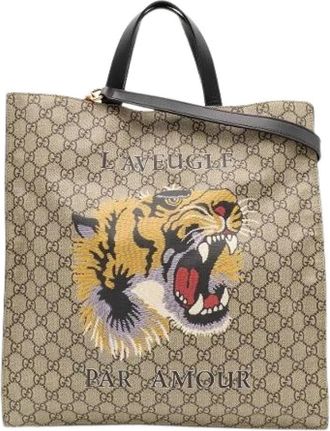 Gucci Pre-owned GG Supreme 2way Tote Bag Shoulder Bag - Dames - Vintage Shopper - Beige - ONE Size - Leer - Vintage