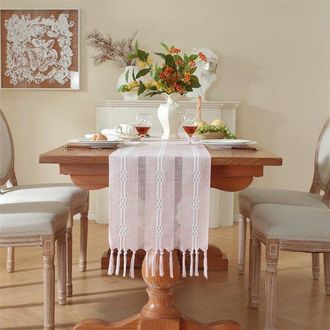 No Brand Camino De Mesa, Estilo Bohemio, Color Crema, Estilo R&uacute;stico, Con Borlas, Lavable, Decoraci&oacute;n Para Bodas, Peque&ntilde;o Jacquard Rosa De Doble Capa, 33 X 160