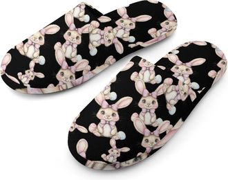 Generic Cute Easter Bunny Egg Flannel Mens Slip-on Slippers Winter Warm House Shoes with Rubber Sole for Home Hotel