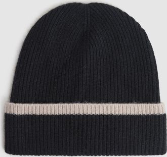 Reiss Black & camel Wool Ribbed Beanie Hat, One Size