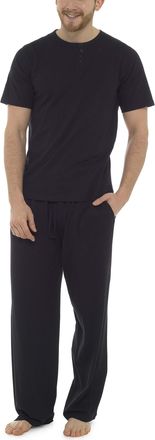 Tom Franks Mens Button Round Neck Cotton Jersey Long Pyjamas Black M