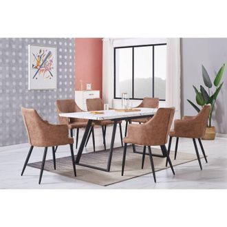 Life Interiors Life Interiors - Juego de comedor Toga lux Zarah: mesa de comedor extensible blanca y juego de 6 sillas de comedor de cuero marrón oscuro - Comedor