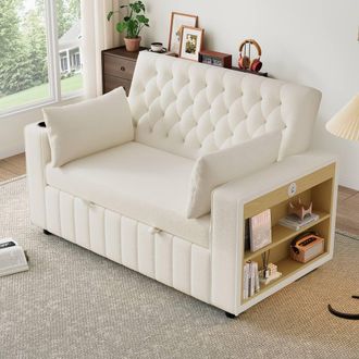 Merax Modern Pull-Out Chesterfield Sofa Bed with Storage Armrest & USB Ports in Beige