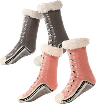 Generic Ultra-Thick Slipper Home Socks, Knitted Cashmere Slipper Socks with Grippers for Women Men, Winter Warm Non Slip Cozy Fuzzy Slippers (Gray+Pink)