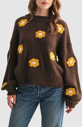 All in Favor Embroidered Flower Crewneck Sweater in Brown Mustard Flower at Nordstrom Rack, Size Small