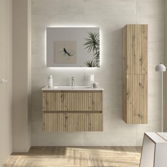 Cygnus Bath Mueble De Ba&ntilde;o Kira 80cm Roble 2 Cajones Lavabo 1 Poza Porcelana