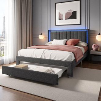 OEM Cama 2 Personas 140x200 Con Cofre, Cama De Adulto Con Banda Lum&iacute;nica Rgb Y Doble Puerto Usb/tipo-c, Tela De Lino - Tela De Lino Gris Moderno