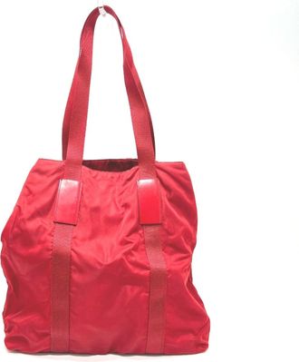 Prada Red Color Nylon Handbag Tote Bag (Pre-Owned)